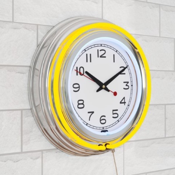 Hastings Home Neon Wall Clock 14" Round, Double Light Ring, Dual Power, Analog Quartz Timepiece for Garage, Yellow 436253TDI